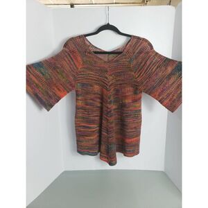 Multi Color Space Dye Knit V-Neck Top Wide Elbow Sleeve Boho Chevron Sweater